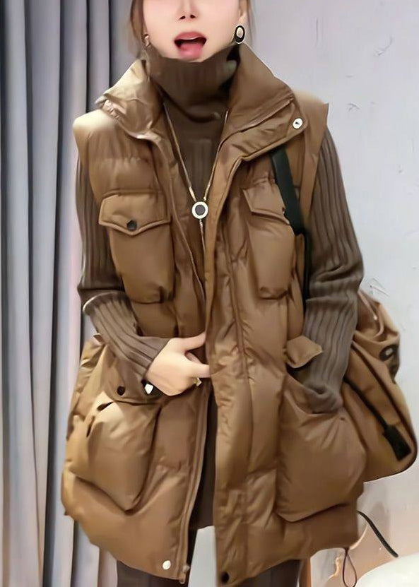 Loose Coffee Zippered Pockets Cotton Filled Waistcoat Sleeveless