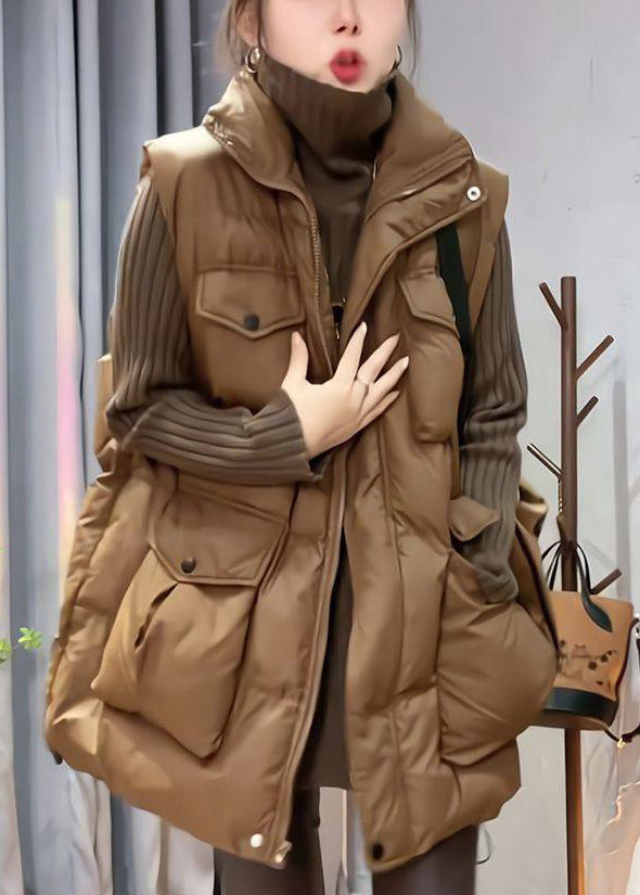 Loose Coffee Zippered Pockets Cotton Filled Waistcoat Sleeveless