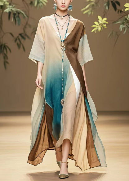 Loose Colorblock Asymmetrical Design Cotton Maxi Dresses Summer