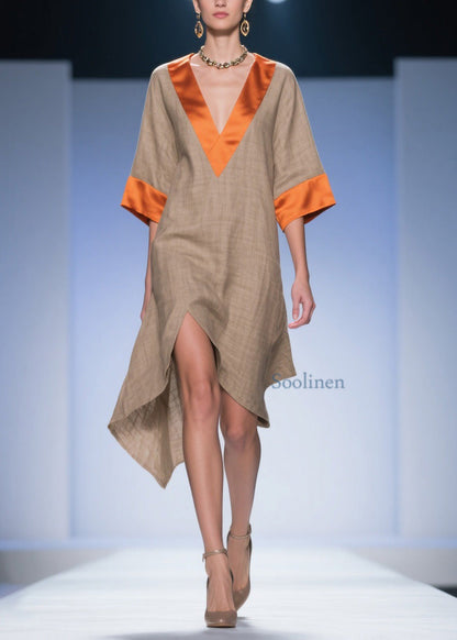 Loose Colorblock Asymmetrical Patchwork Linen Silk Dresses Summer