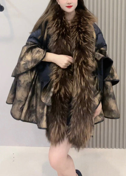 Loose Colorblock Fur Collar Duck Down Patchwork Leather and Fur Coats Winter