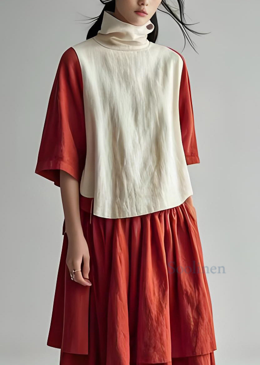 Loose Colorblock Hign Neck Cotton Top Half Sleeve