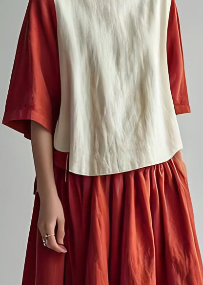 Loose Colorblock Hign Neck Cotton Top Half Sleeve