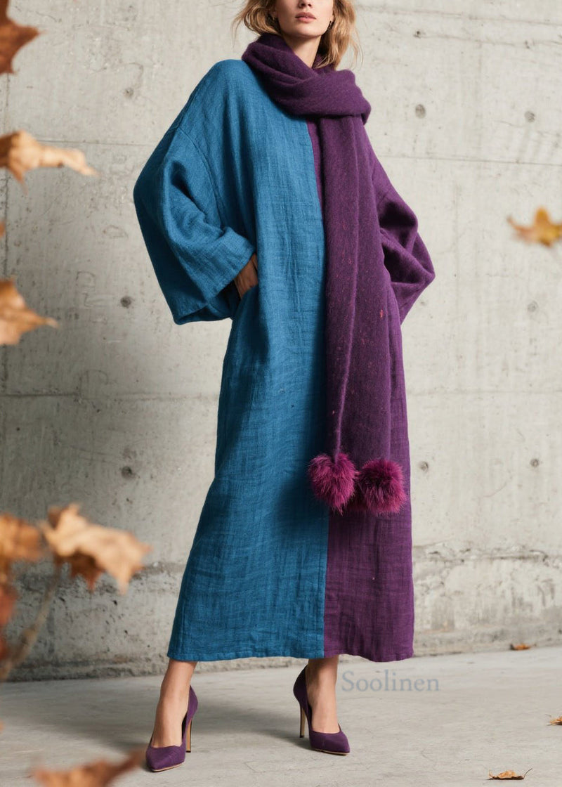 Loose Colorblock O Neck Patchwork Cotton Long Dress Fall