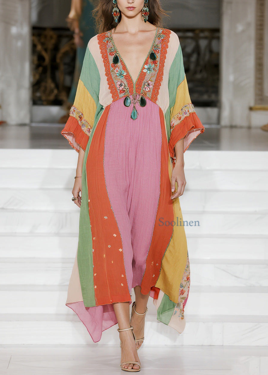 Loose Colorblock V Neck Cotton Dress Summer