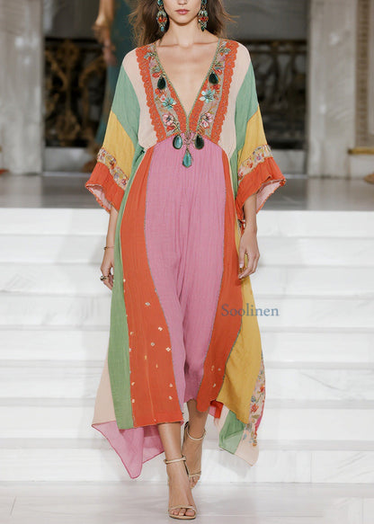 Loose Colorblock V Neck Cotton Dress Summer