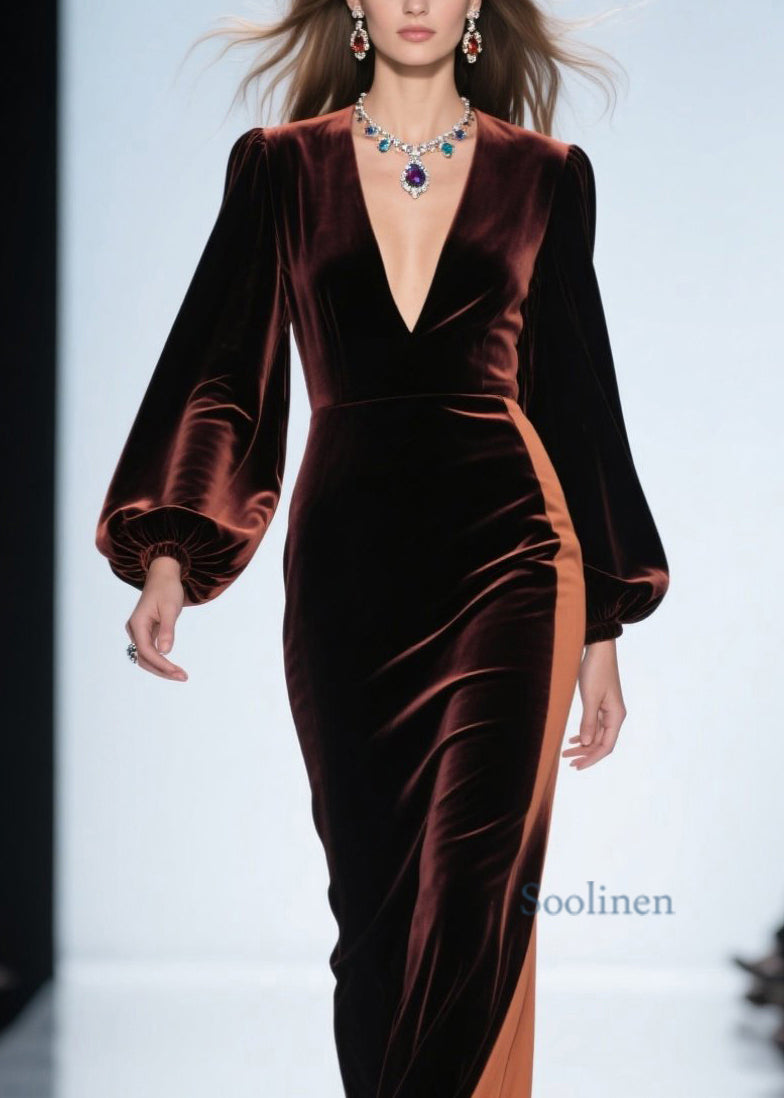 Loose Colorblock V Neck Patchwork Velvet Dress Spring