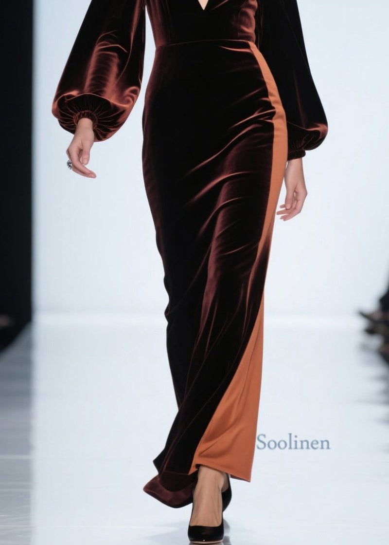 Loose Colorblock V Neck Patchwork Velvet Dress Spring