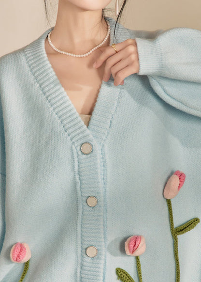Loose Cozy Blue V Neck Knit Cardigan Spring