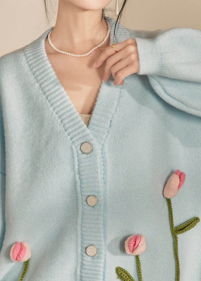 Loose Cozy Blue V Neck Knit Cardigan Spring