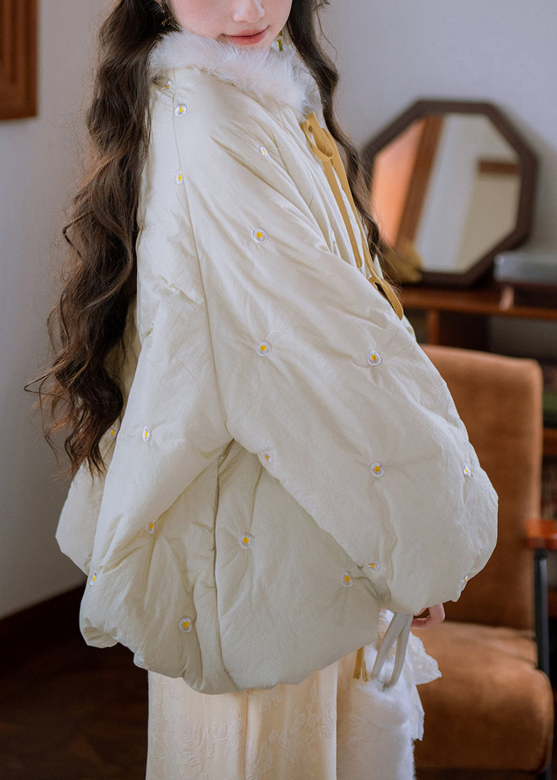 Loose Cream Yellow Fur Collar Embroidered Lace Up Cotton Filled Parkaer Winter