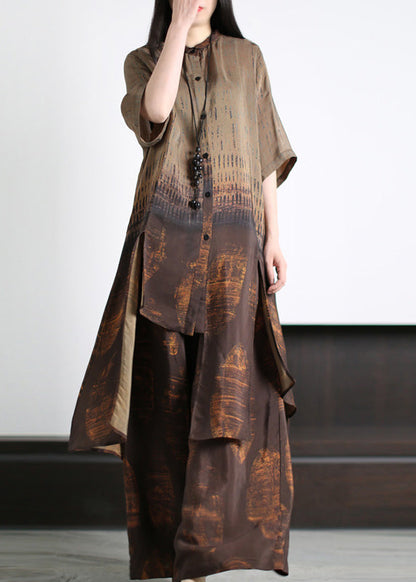 Loose Dark Blue Asymmetrical Patchwork Silk Long Shirts and Wide Leg Pants Two Piece Set Half Sleeve