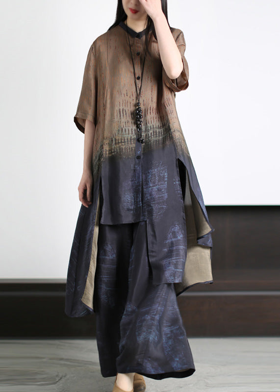 Loose Dark Blue Asymmetrical Patchwork Silk Long Shirts and Wide Leg Pants Two Piece Set Half Sleeve
