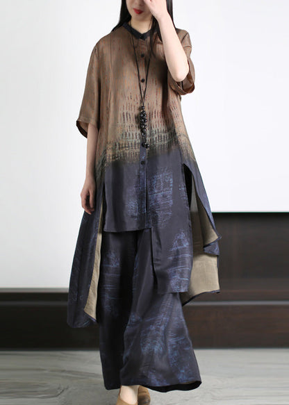 Loose Dark Blue Asymmetrical Patchwork Silk Long Shirts and Wide Leg Pants Two Piece Set Half Sleeve