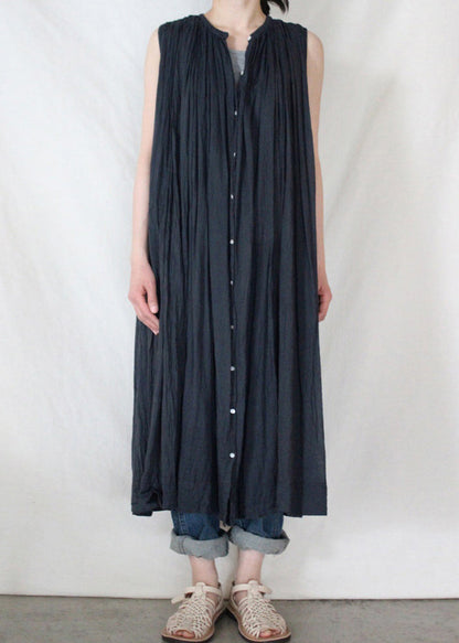 Loose Dark Blue O-neck Wrinkled Button Maxi Shirt Dresses Sleeveless