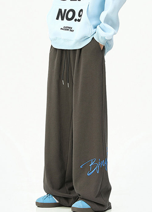 Loose Dark Gray Embroideried Pockets Cotton Wide Leg Pants Spring
