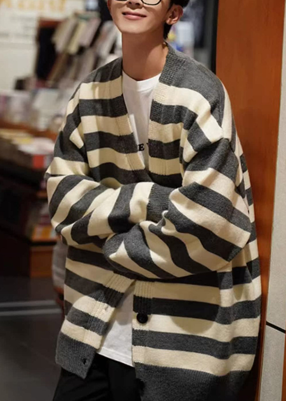 Loose Dark Gray Striped Button Knit Coats Spring