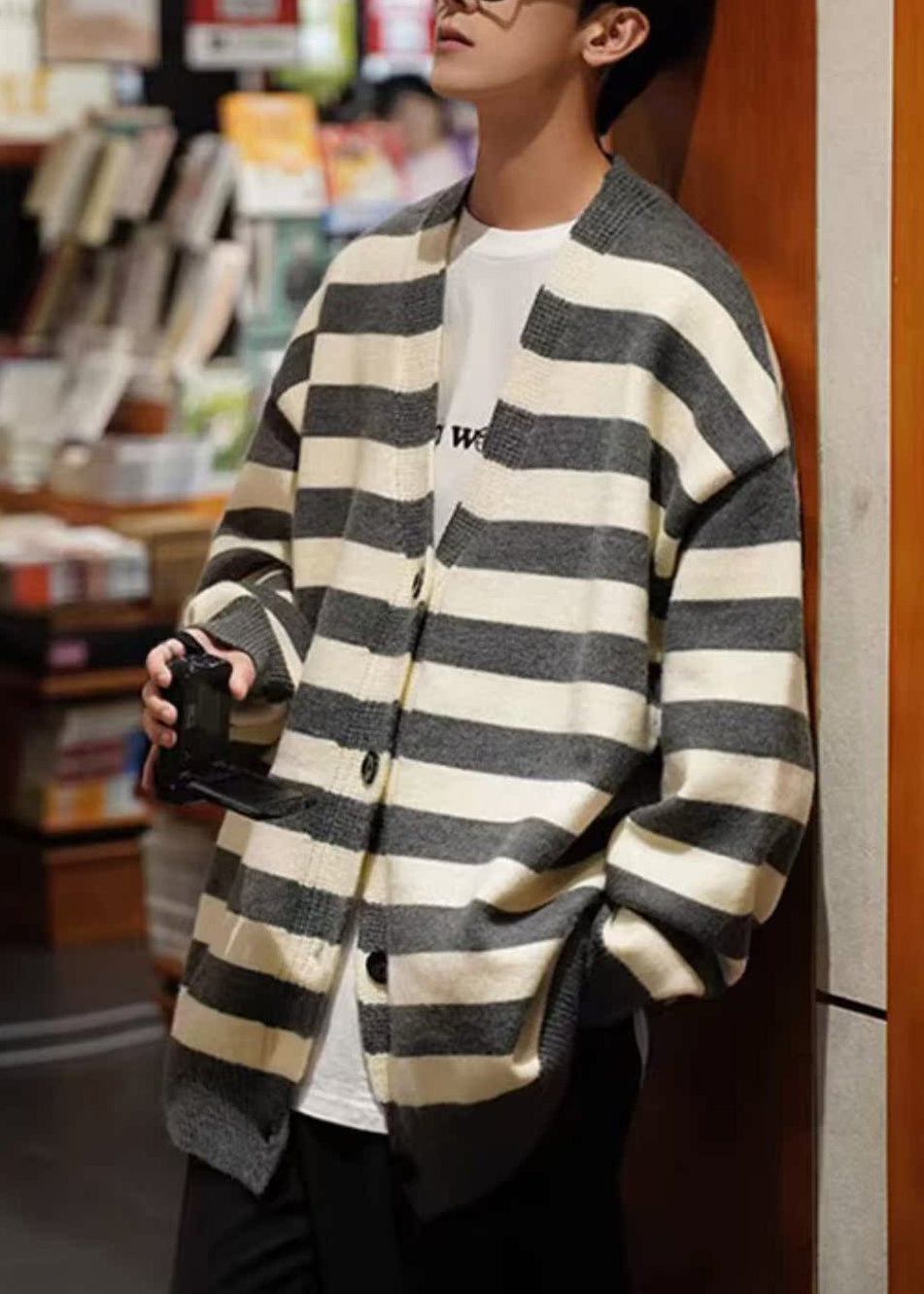 Loose Dark Gray Striped Button Knit Coats Spring