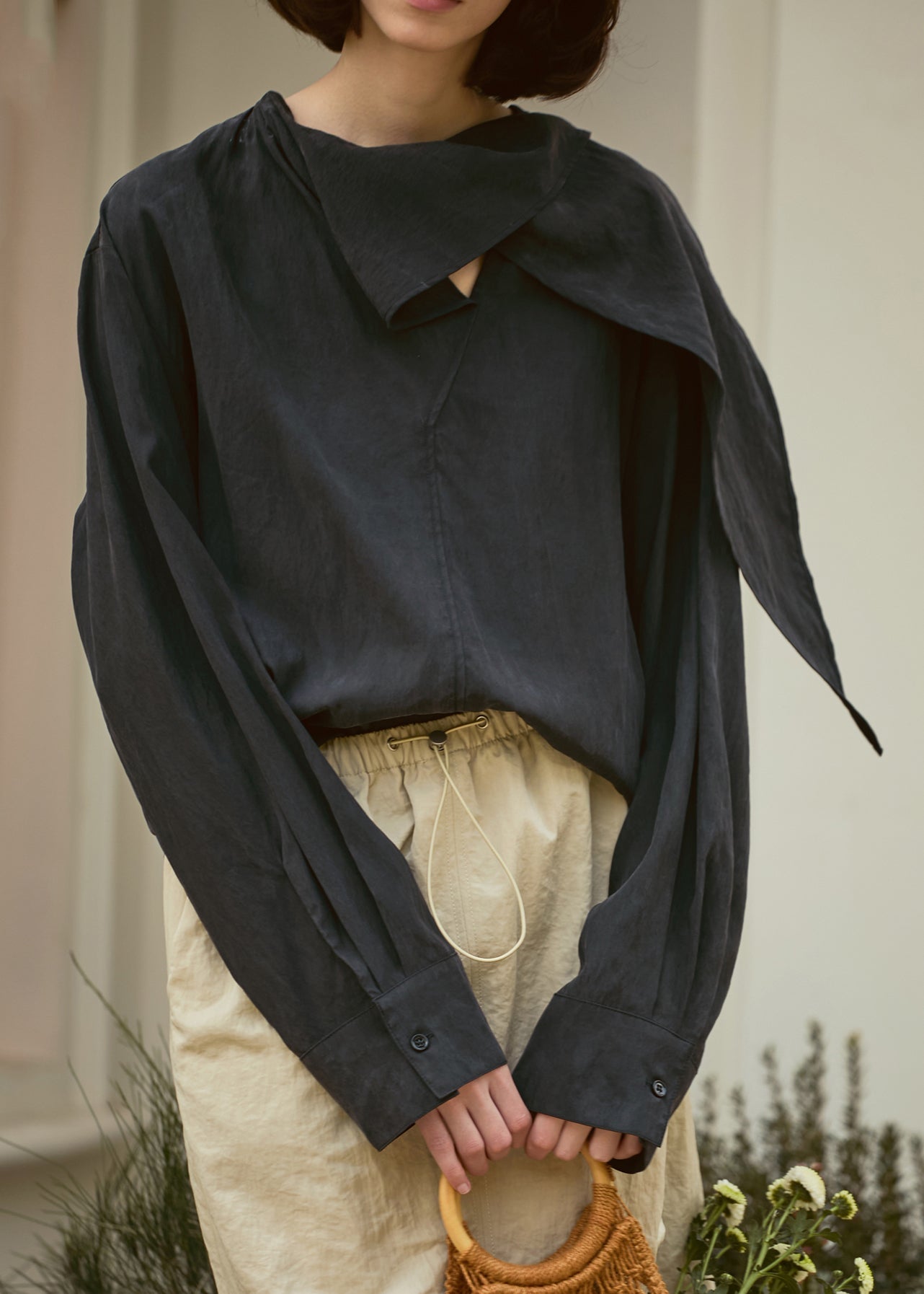 Loose Dark Grey Patchwork Cotton Shirt Fall