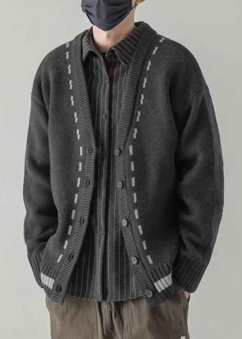 Loose Dark Khaki V Neck Button Knit Cardigan Spring