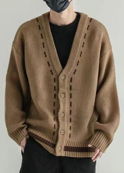 Loose Dark Khaki V Neck Button Knit Cardigan Spring
