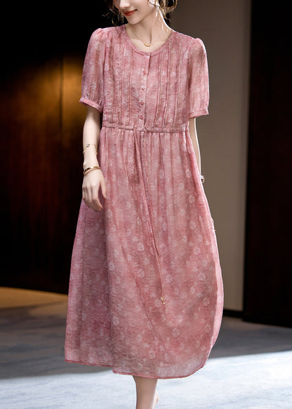 Loose Dark Pink O-neck Print Wrinkled Silk Long Dress Short Sleeve