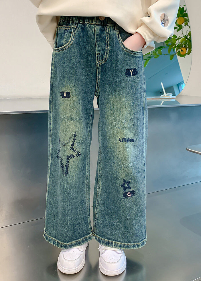 Loose Denim Blue Embroideried Elastic Waist Wide Leg Pants