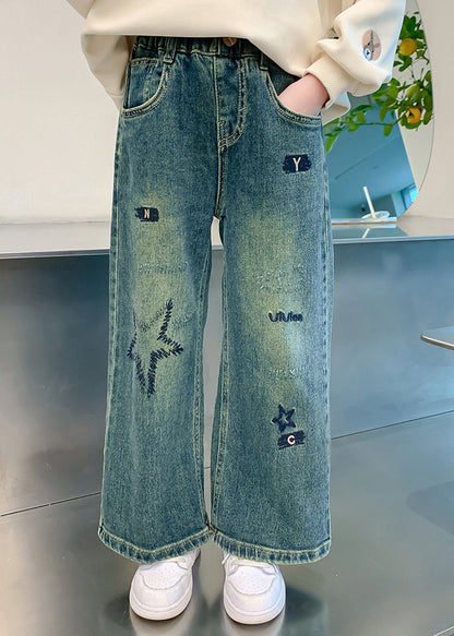 Loose Denim Blue Embroideried Elastic Waist Wide Leg Pants