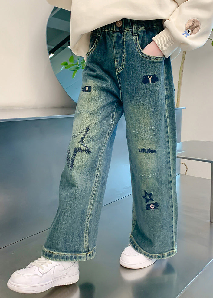 Loose Denim Blue Embroideried Elastic Waist Wide Leg Pants