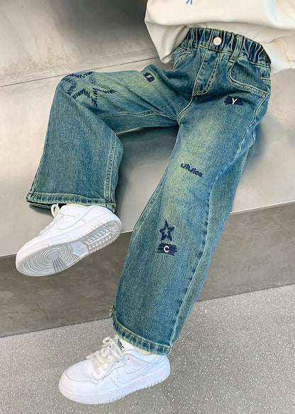 Loose Denim Blue Embroideried Elastic Waist Wide Leg Pants