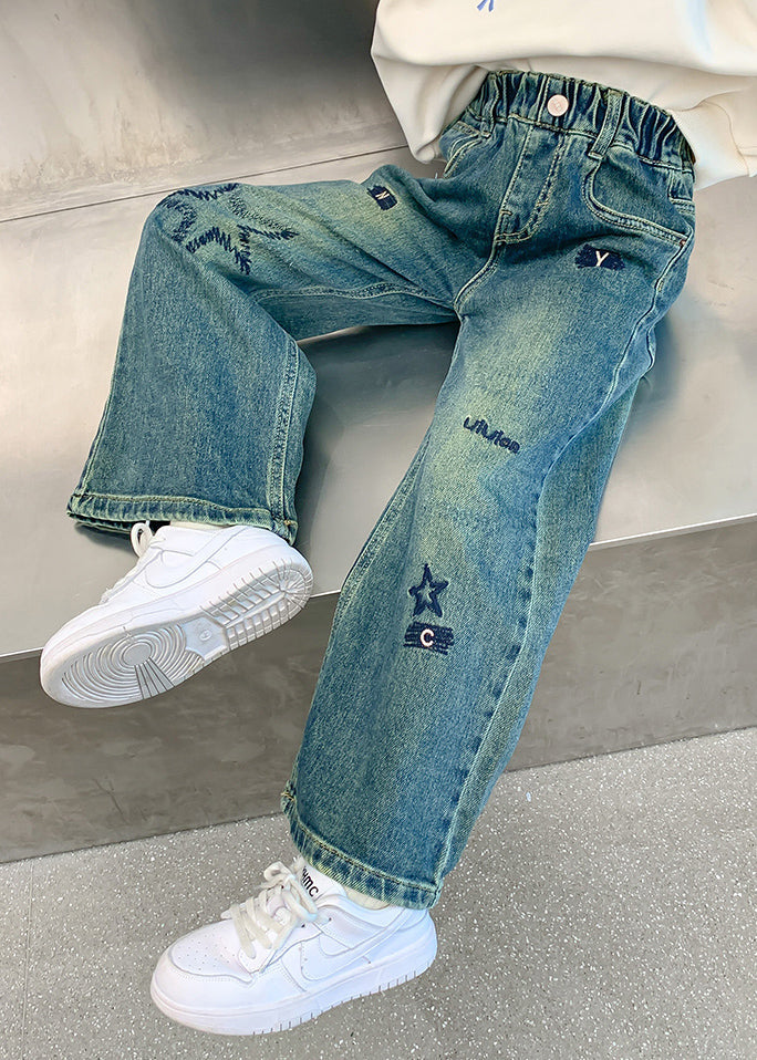 Loose Denim Blue Embroideried Elastic Waist Wide Leg Pants