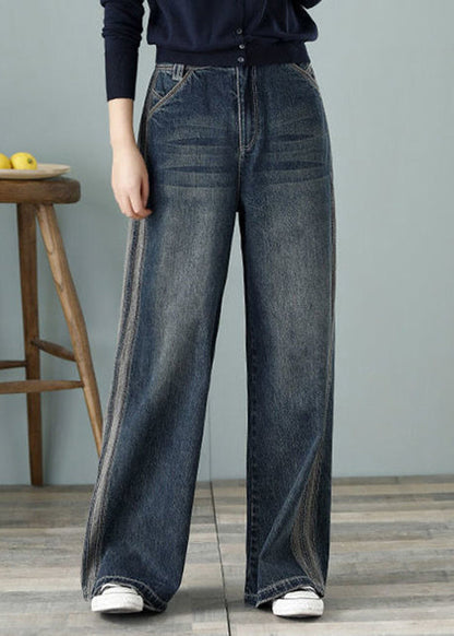 Loose Denim Blue High Waist Pockets Cotton Wide Leg Pants for Spring