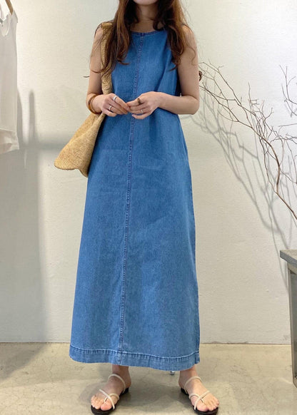 Loose Denim Blue O-neck Patchwork Cozy Holiday Long Dress Summer