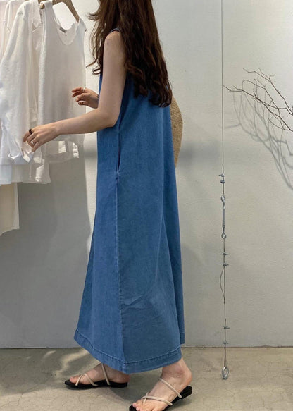 Loose Denim Blue O-neck Patchwork Cozy Holiday Long Dress Summer