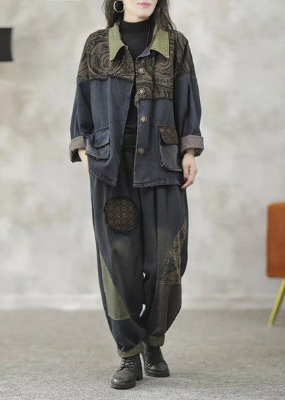 Loose Denim Blue Print Patchwork Coats and Harem Pants Two Pieces Set Fall