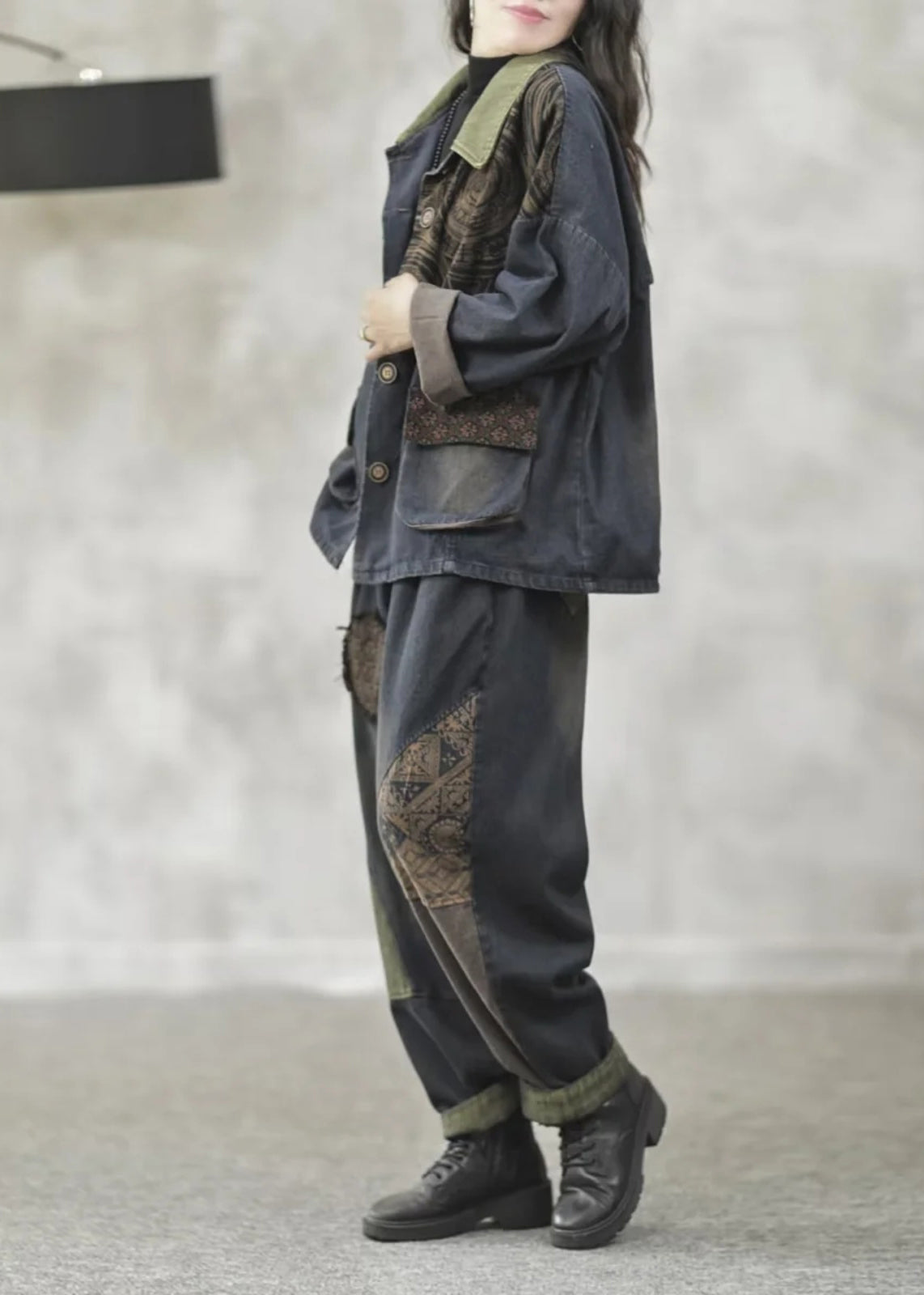 Loose Denim Blue Print Patchwork Coats and Harem Pants Two Pieces Set Fall
