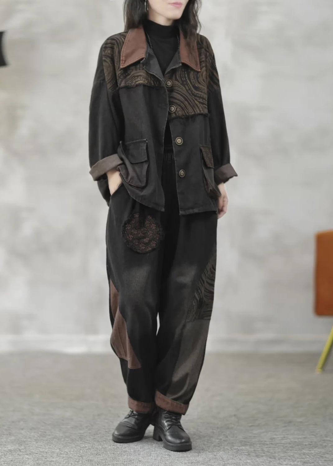 Loose Denim Blue Print Patchwork Coats and Harem Pants Two Pieces Set Fall