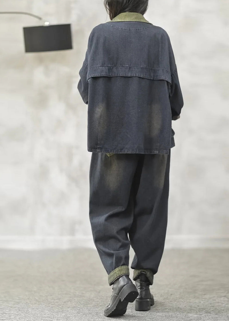 Loose Denim Blue Print Patchwork Coats and Harem Pants Two Pieces Set Fall