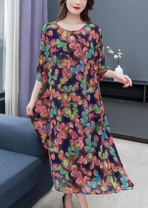 Loose O-neck Side Open Patchwork Chiffon Long Dresses Summer