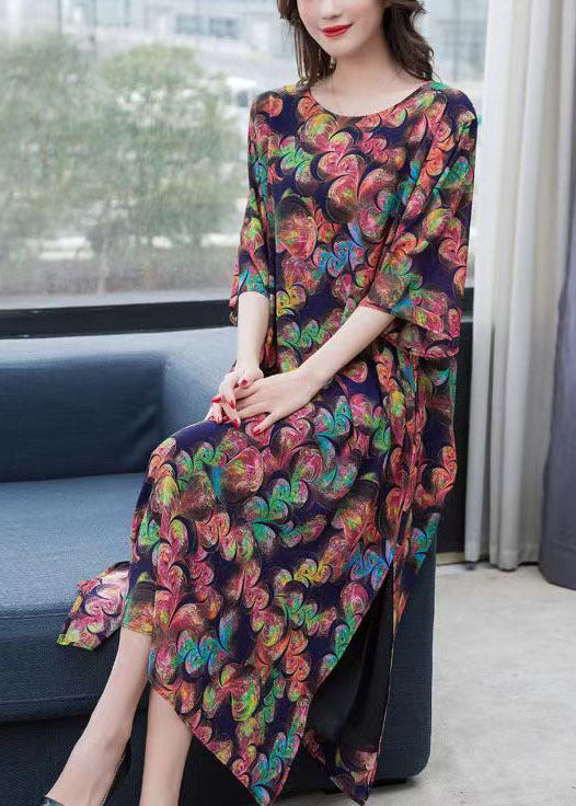 Loose O-neck Side Open Patchwork Chiffon Long Dresses Summer
