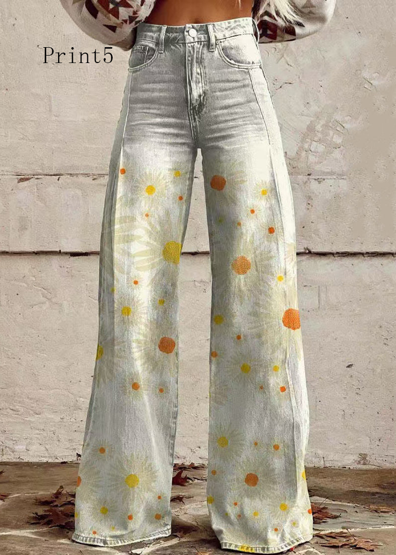 Loose Print High Waist Pockets Denim Pants Spring