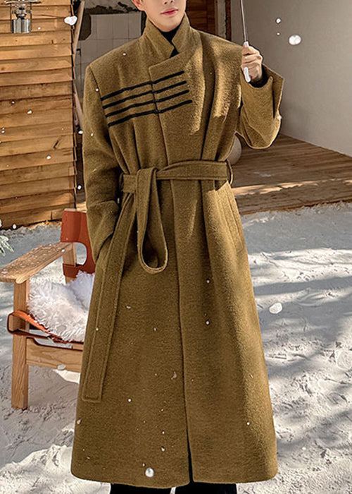 Loose Ginger Yellow Stand Collar Pockets Woolen Coats Winter