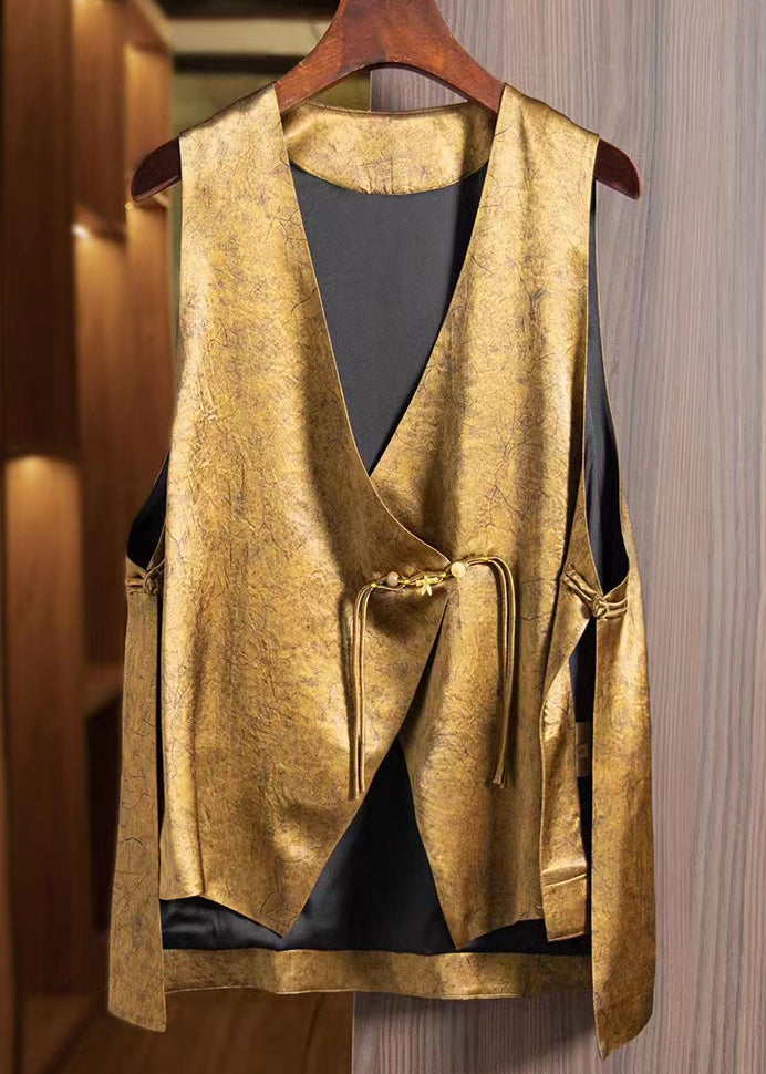 Loose Yellow Font Asymmetrical Button Silk Waistcoat Sleeveless