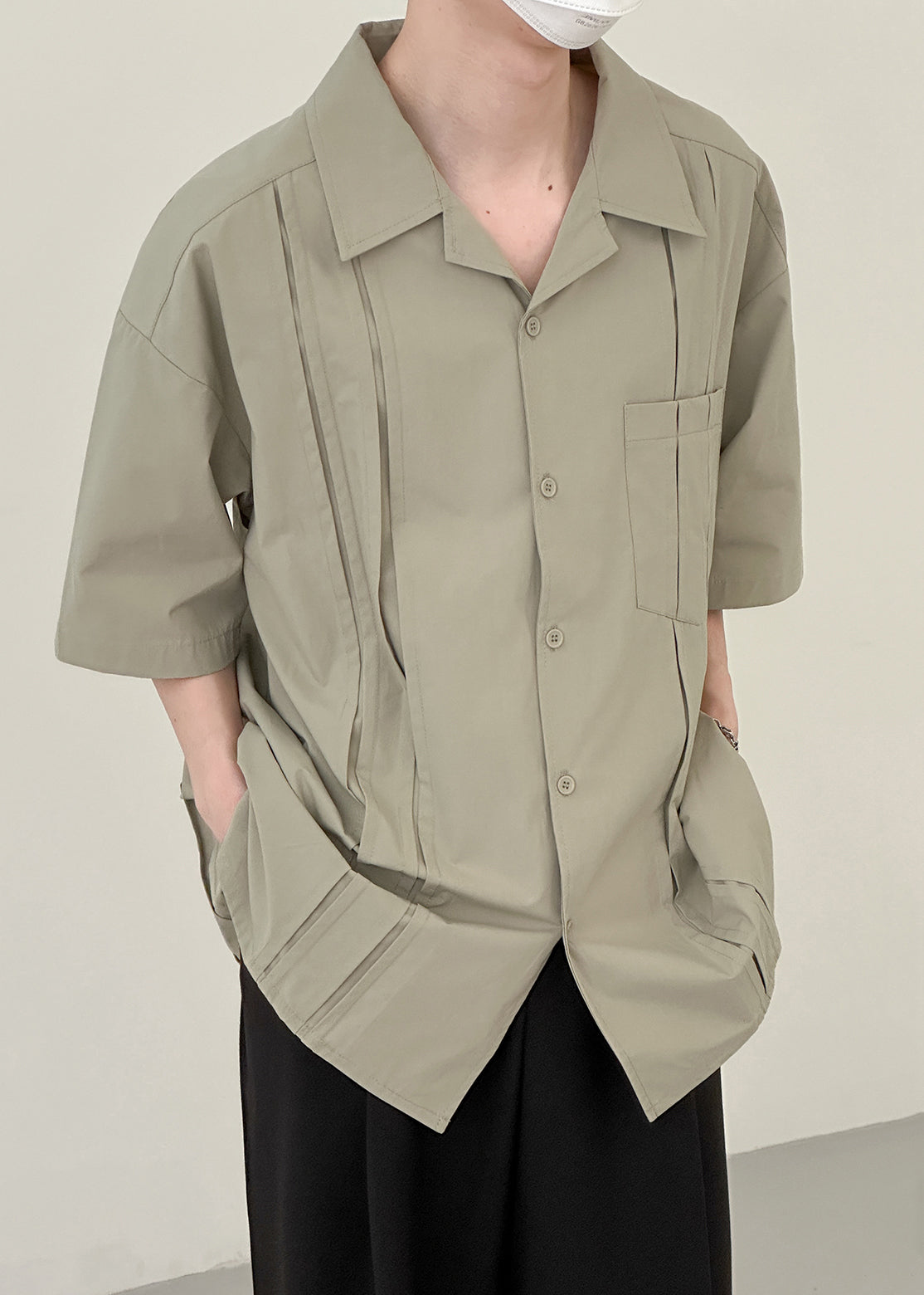 Loose Green Button Pockets Cotton Shirts Half Sleeve