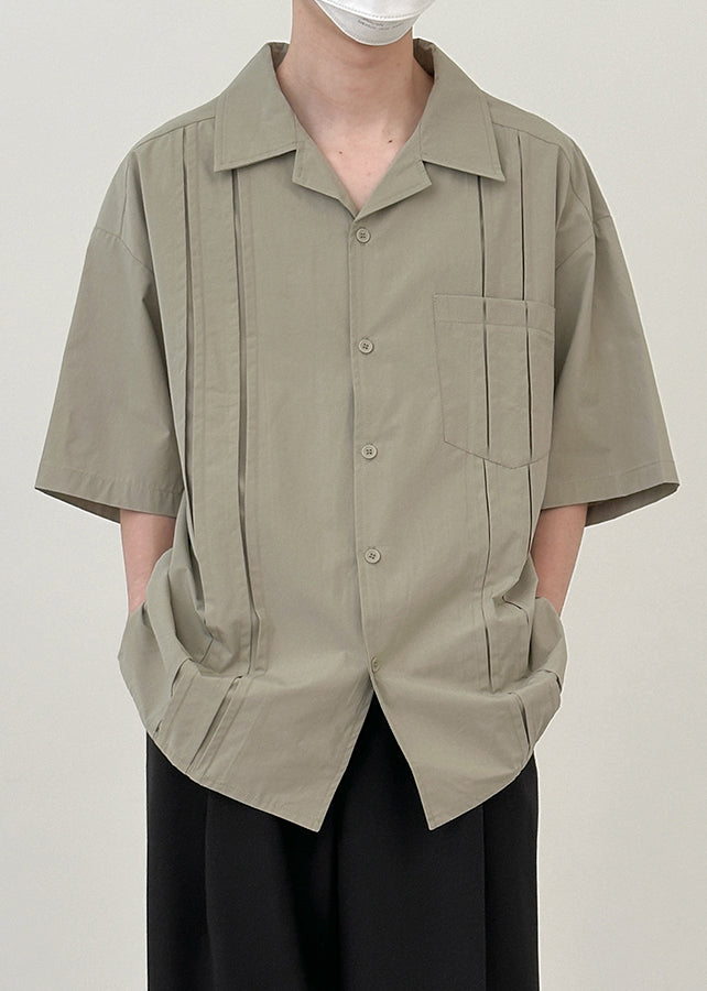 Loose Green Button Pockets Cotton Shirts Half Sleeve