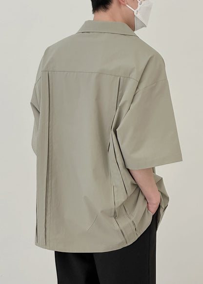 Loose Green Button Pockets Cotton Shirts Half Sleeve