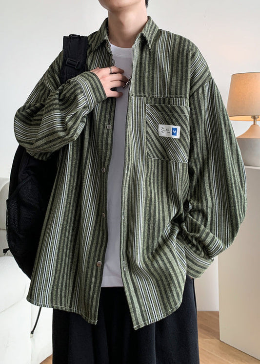 Loose Green Button Striped Pockets Cotton Shirts Men Spring