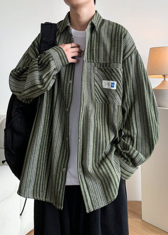 Loose Green Button Striped Pockets Cotton Shirts Spring