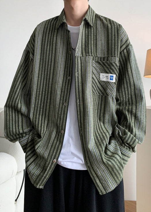 Loose Green Button Striped Pockets Cotton Shirts Men Spring