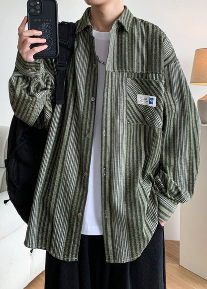 Loose Green Button Striped Pockets Cotton Shirts Men Spring